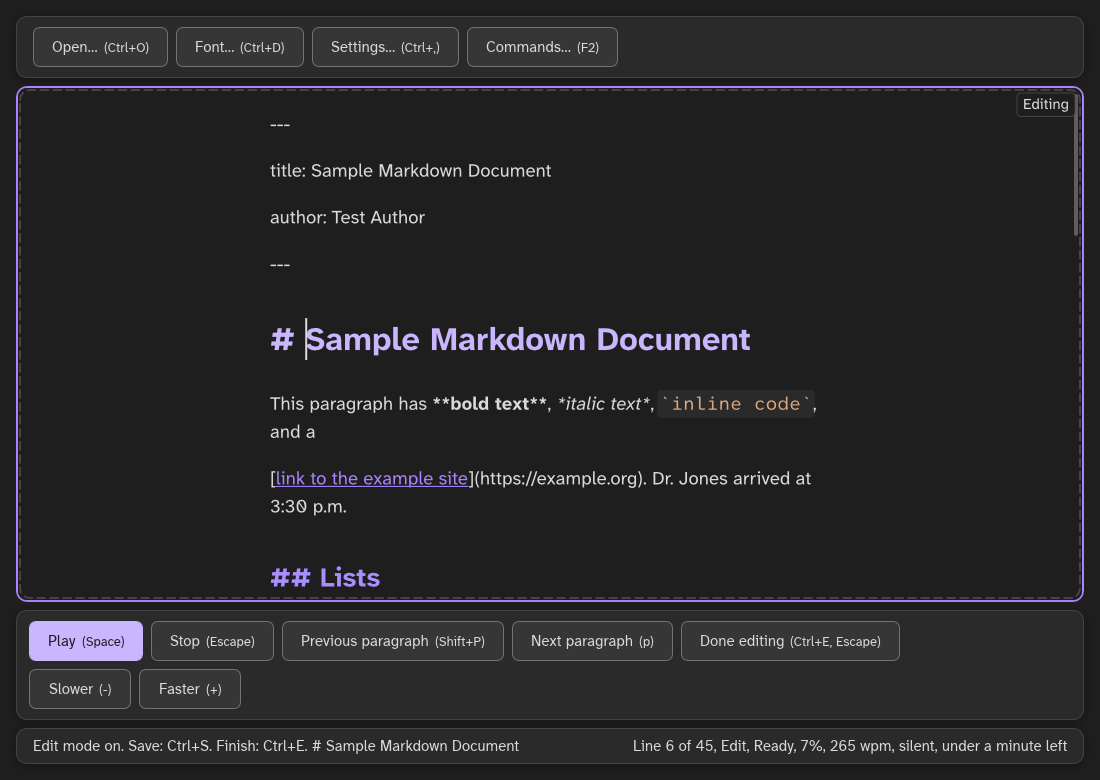 Edit mode in Galaxy: the Markdown source in a dashed frame with an Editing badge