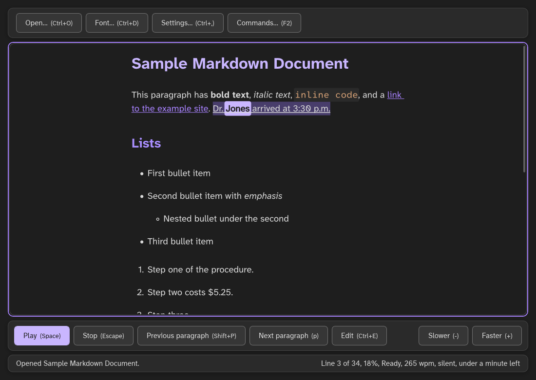 The reading view in the Galaxy theme: the sample document in a centered column, the spoken word highlighted