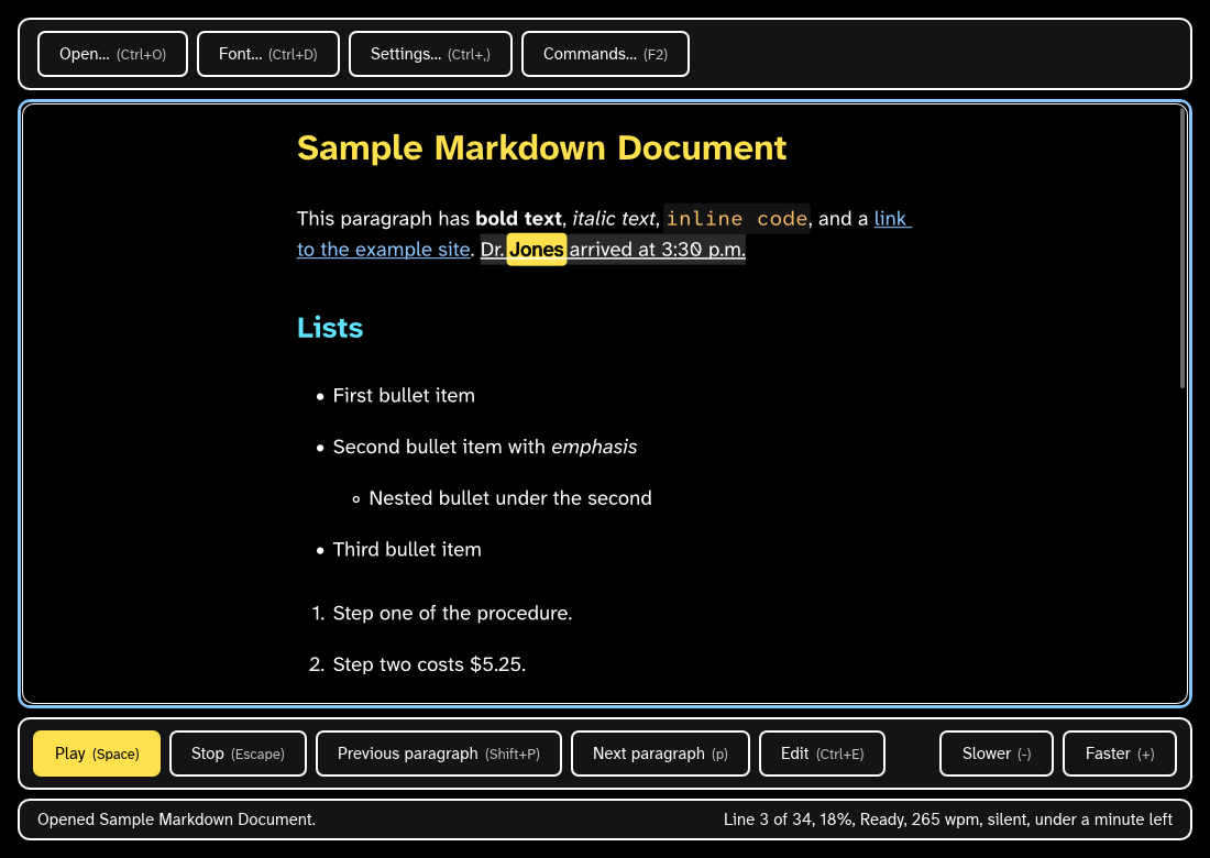 The reading view in the High Contrast theme: white text on black, yellow headings and spoken word