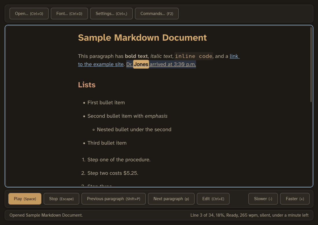 The reading view in the Lamplight theme: warm cream text on dark brown, amber headings