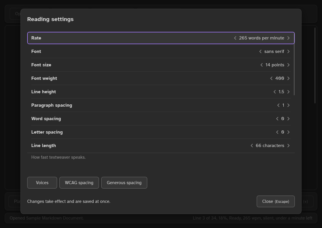 The Reading settings dialog: nine reading settings, three buttons and Close