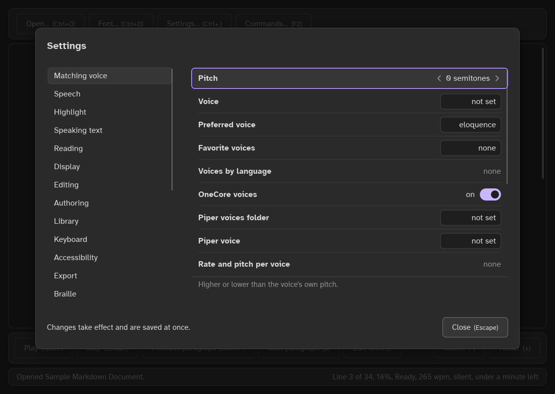 The Settings dialog with the filter "voice" typed: a section of 16 matching settings